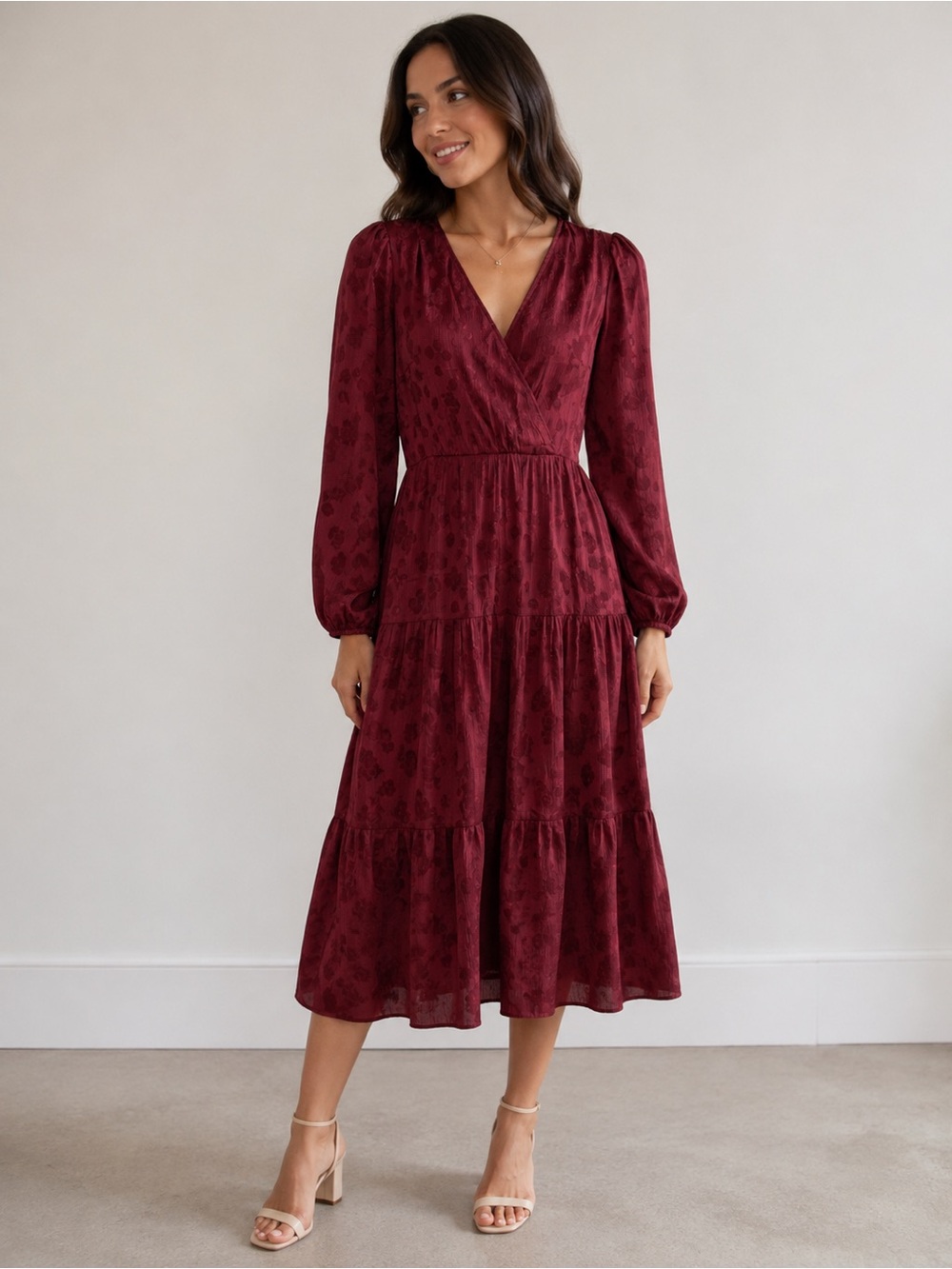 Women’s Wine Red Long Sleeve Tiered Midi Dress